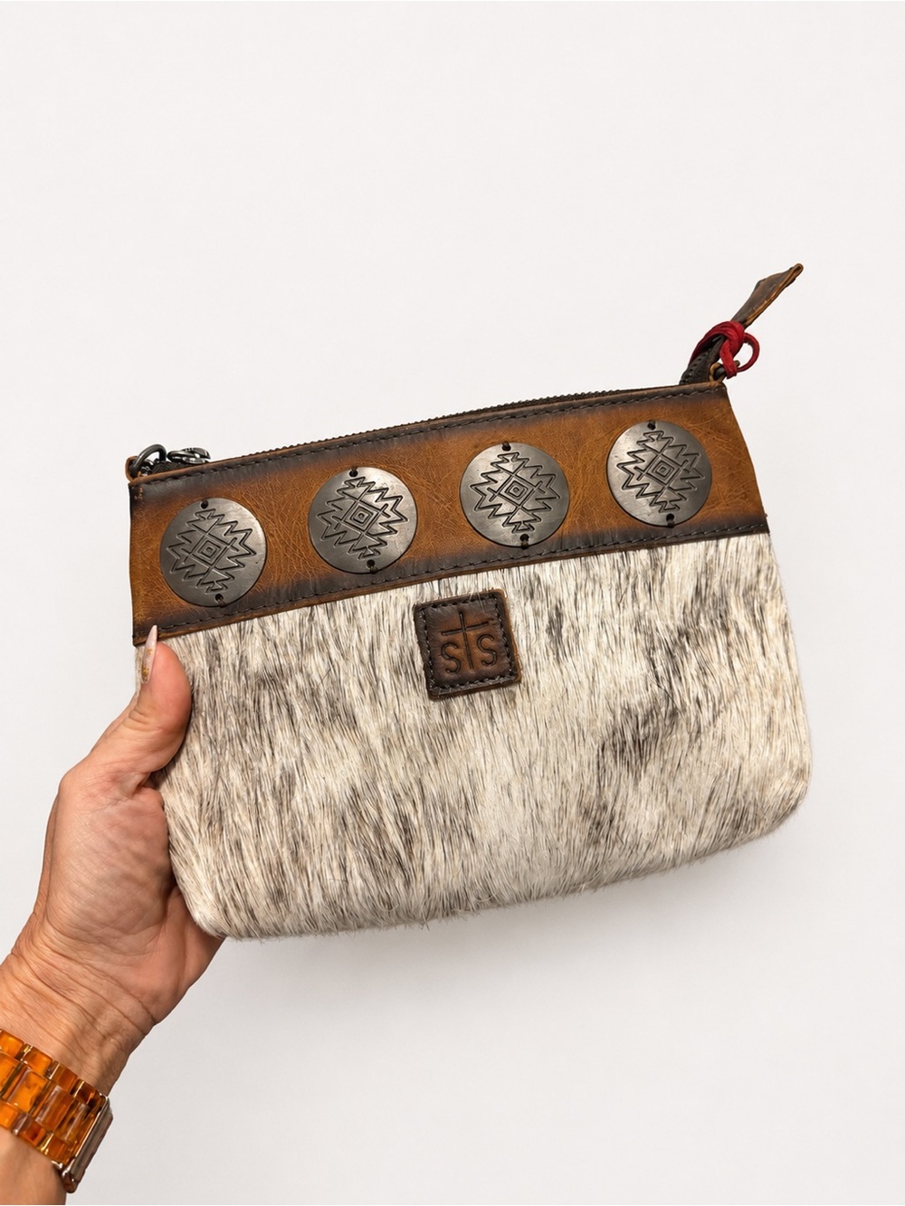 STS Ranchwear Brown Leather & White Hair-On Hide Crossbody Clutch